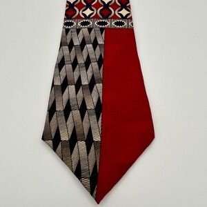 Ottimo Uomo Necktie Geometric Patchwork Mens OS‎ Red Silk Vintage Abstract 90s